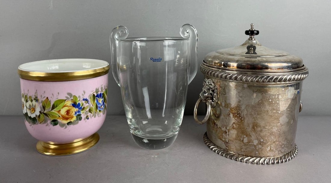Vintage Silver Plated Ice Bucket and More: Includes Vista Alegre porcelain cachepot from Portugal, Rosalia glass vase, lidded epc bucket measures 9 inches x 8 inches x 7 1/4 inches