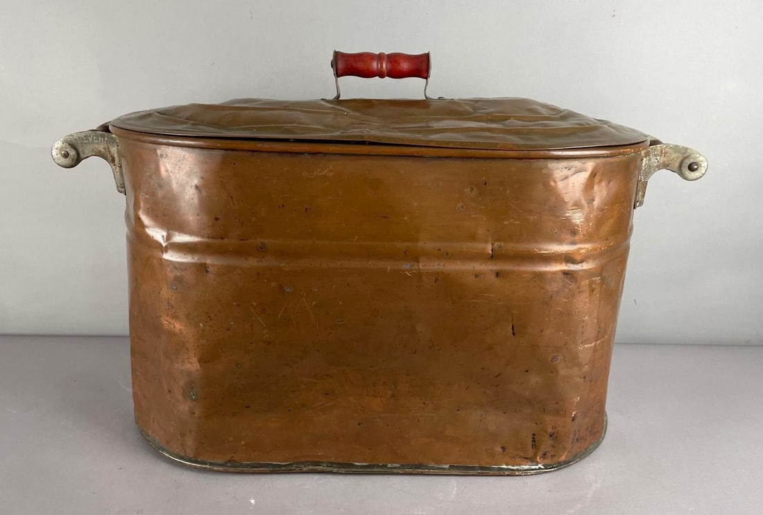 Antique Revere Copper Boiler Pot with Lid: Well used, measures 17 inches x 28 inches x 13 inches