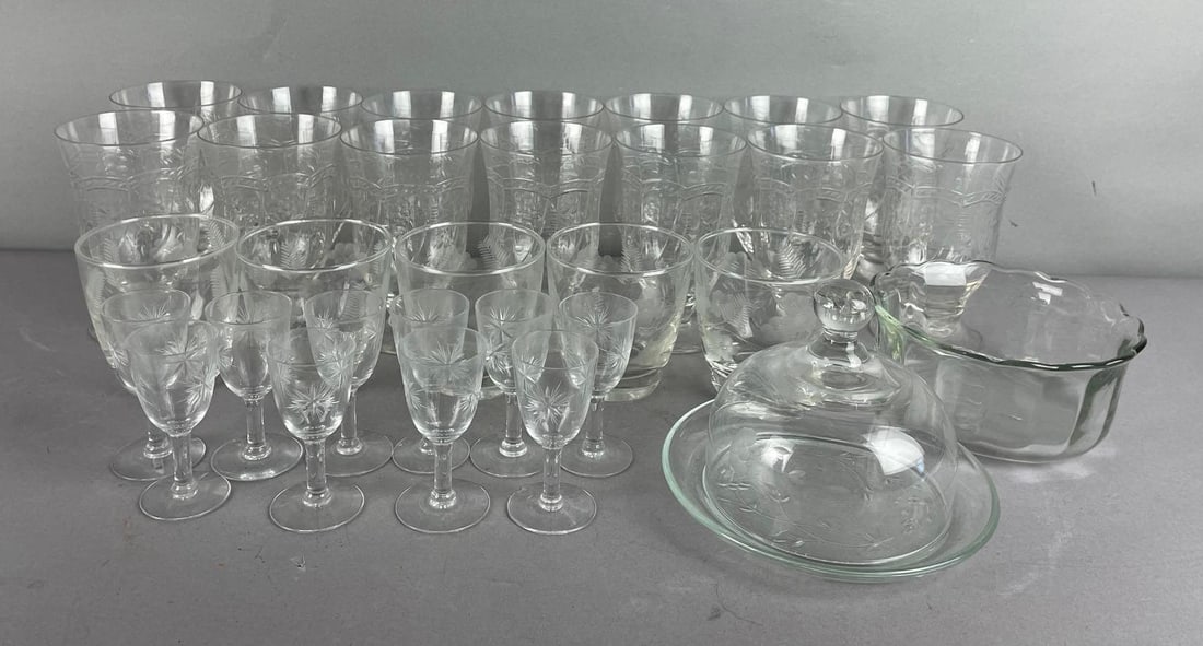 Group of Assorted Glassware: Includes after dinner glasses, goblets, etched lidded dish, bowl measures 2 3/4 inches x 5 1/2 inches