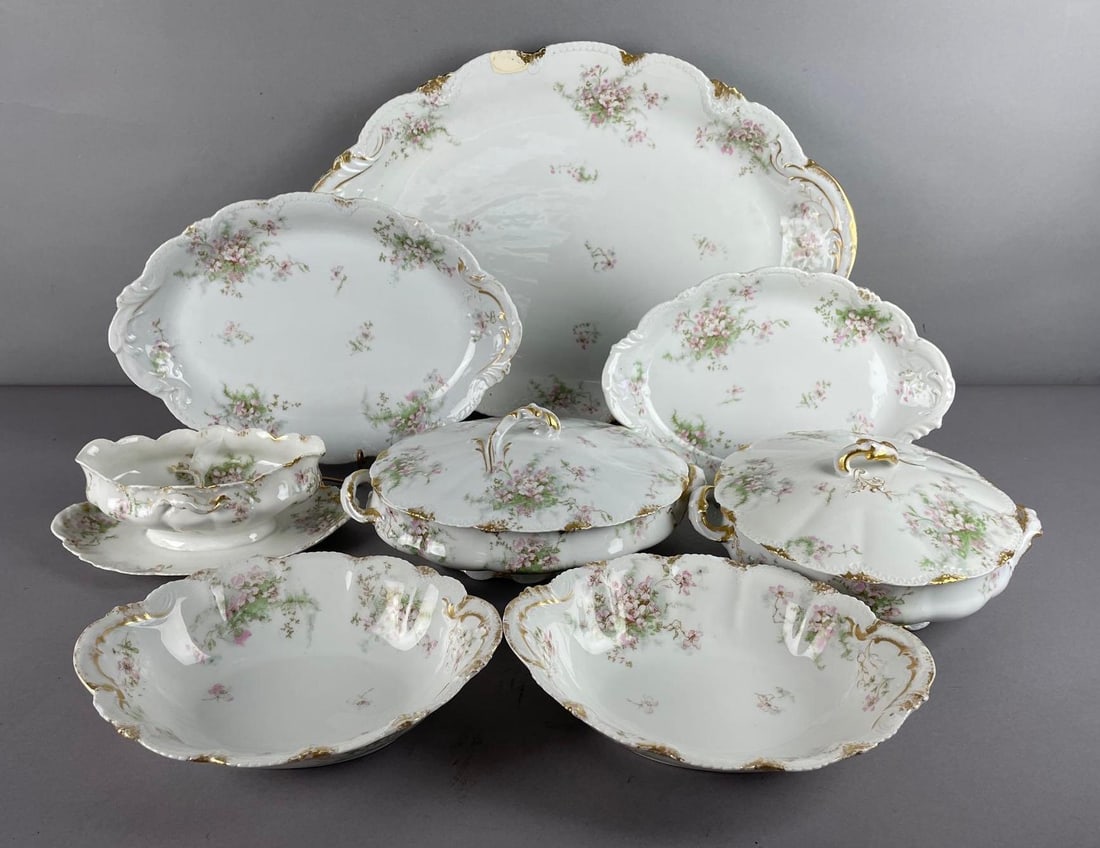 Set of Theodore Haviland Limoges Floral Serving Dishes: Handle broken and included on one dish, paint on largest platter - measures 2 1/4 inches x 21 inches x 14 1/2 inches