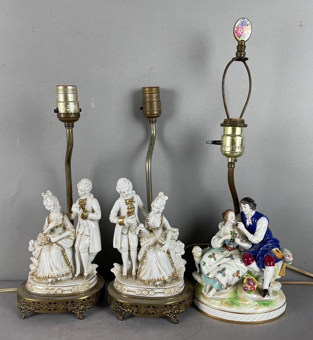 Group of Brass and Porcelain Couples Boudoir Lamps: Painted lamp made in Germany, needs rewired, others untested, largest measures 18 1/2 inches