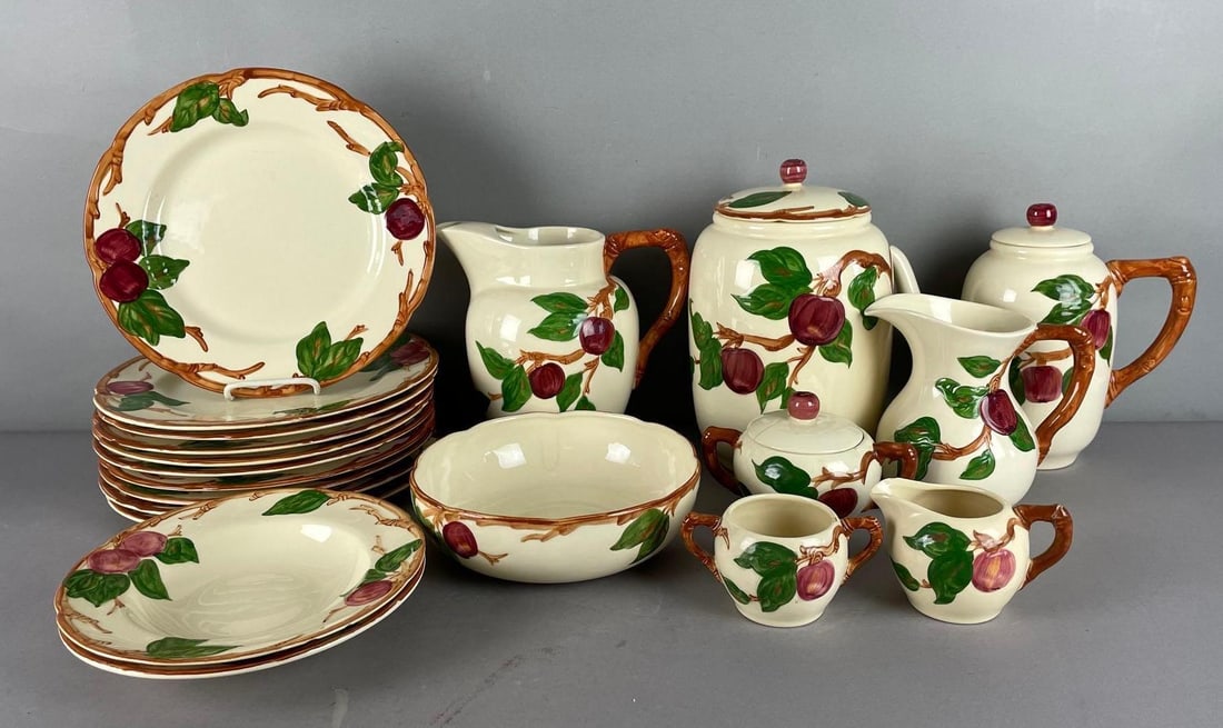Group of Franciscan Apple Pattern Serving Dishes: Includes 10 1/2 inches dinner plates, cookie jar, pitchers, one repaired lid,