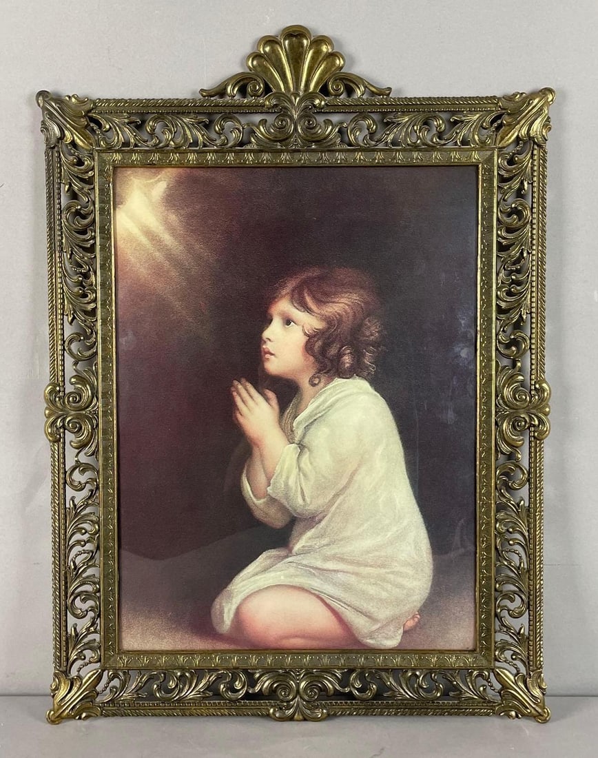 Vintage Infant Samuel in Prayer Italian Art Print: Italian brass filigree frame with convex glass, measures 21 1/2 inches x 15 3/4 inches