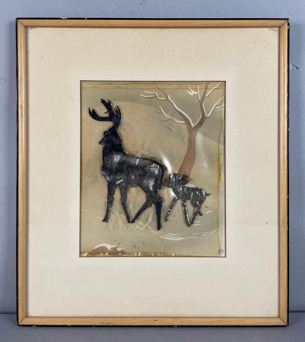 Original Walt Disney Bambi (1942) Production Animation Cel: Original hand-painted production animation cel from Walt Disneys beloved 1942 animated feature Bambi. This authentic production cel depicts Bambi alongside an adult stag in a woodland scene and was us