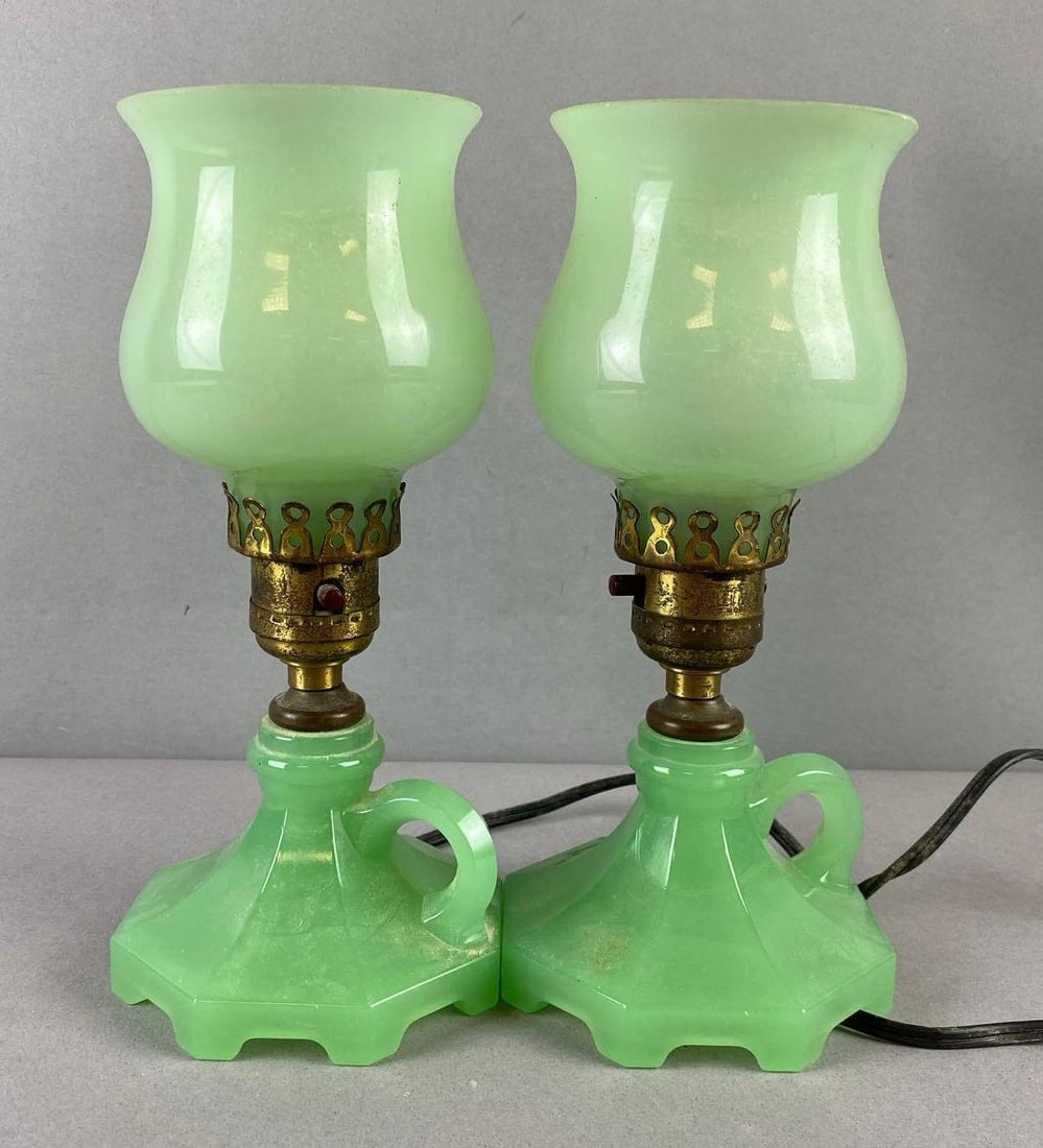 Group of 2 Vintage Jadeite Table Top Lamps: Working Condition. One measures 8 inches in length.