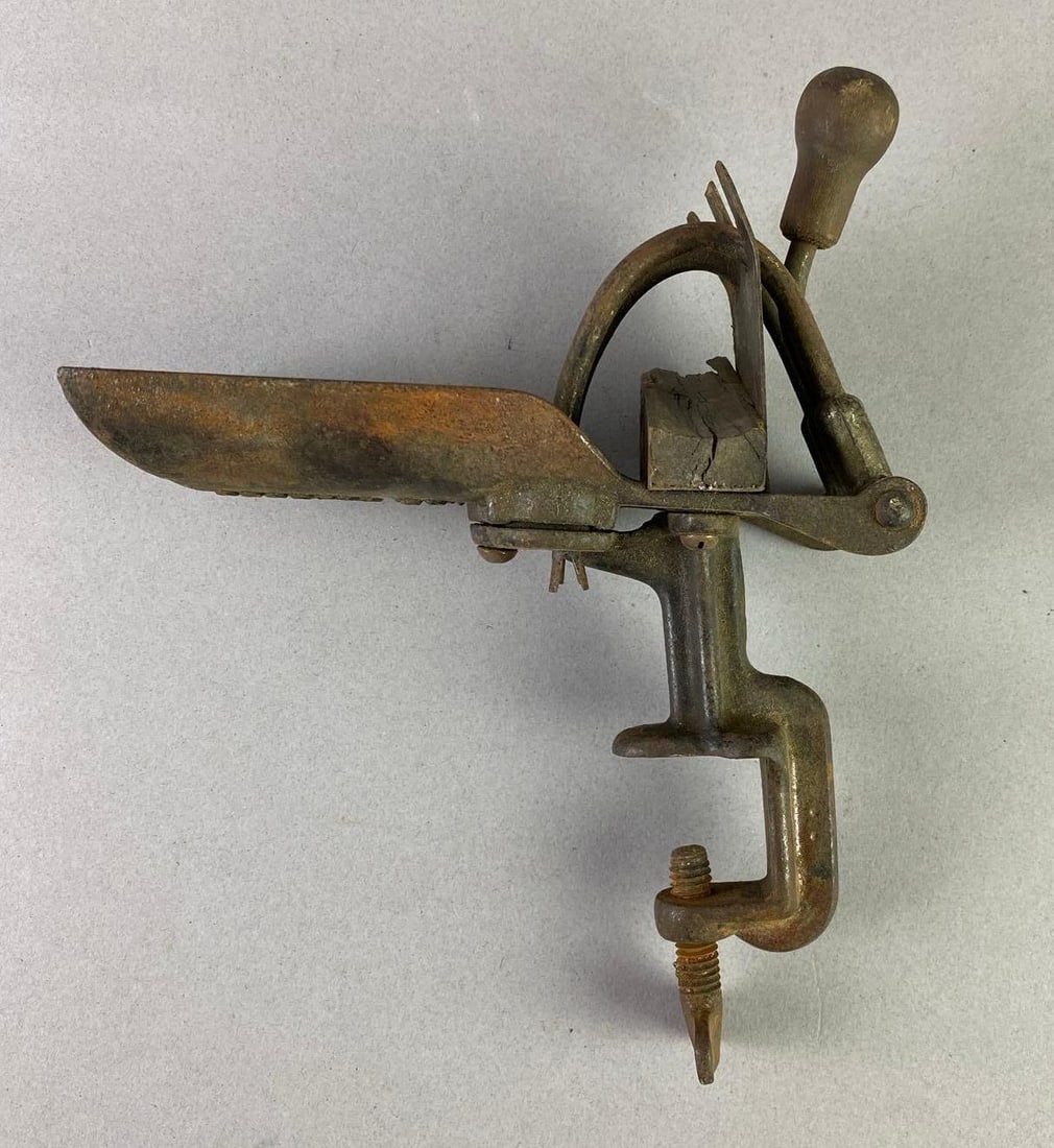 Antique Goodell Co. Cherry Pitter: Measure H 8 x W 3 x L 6 inches.