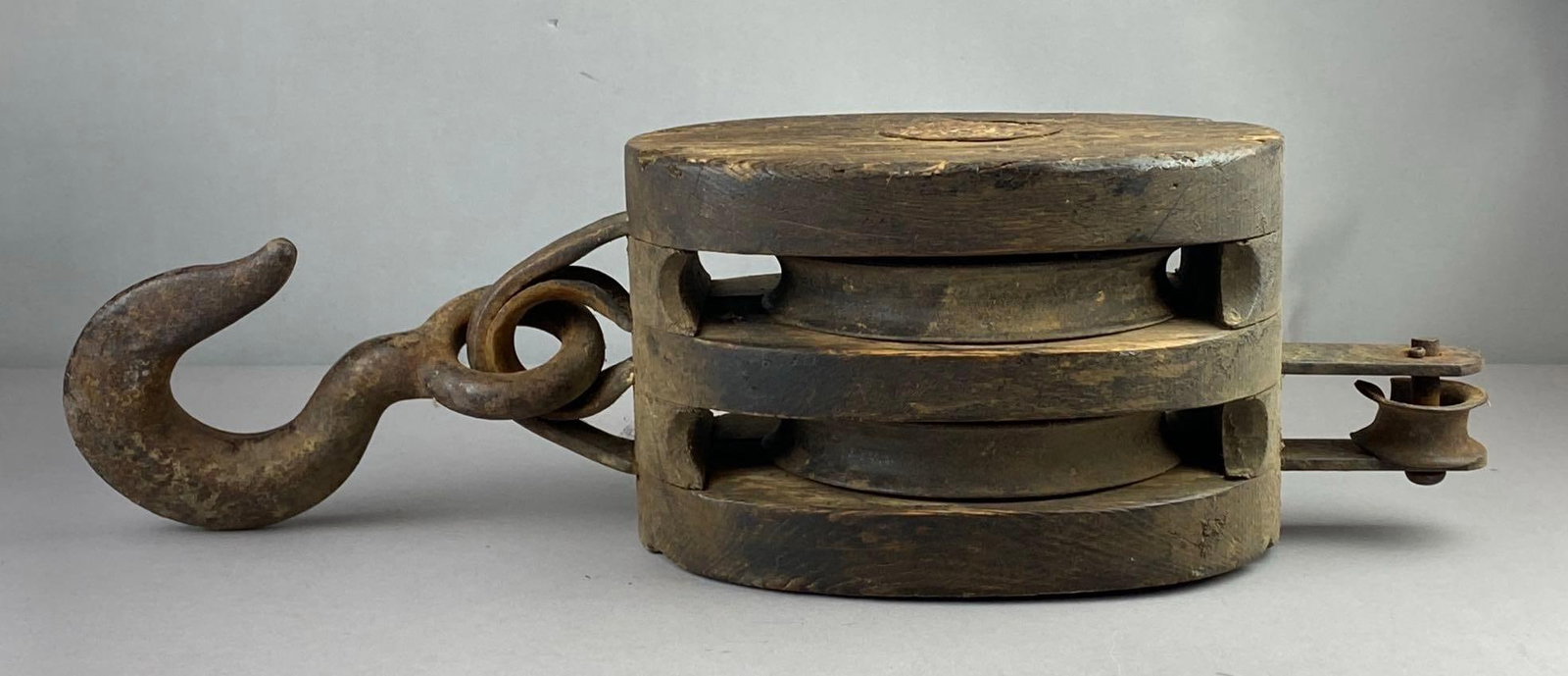 Antique Wood Double Pulley Block: 19th Century. Heavy. Measured 26 inches in length.