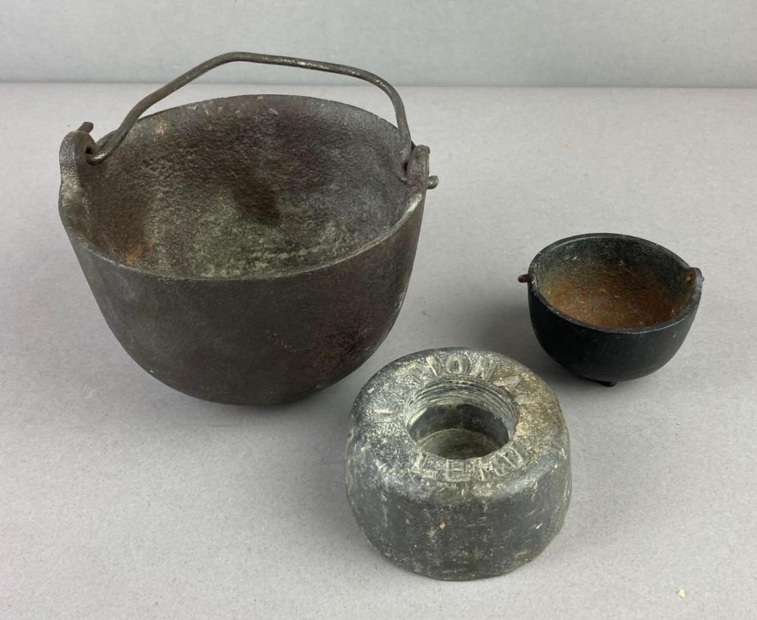 Group of 3 Lead Smelting Pots and More: Includes 1lb of lead. Largest measures 5 1/2 inches in diameter