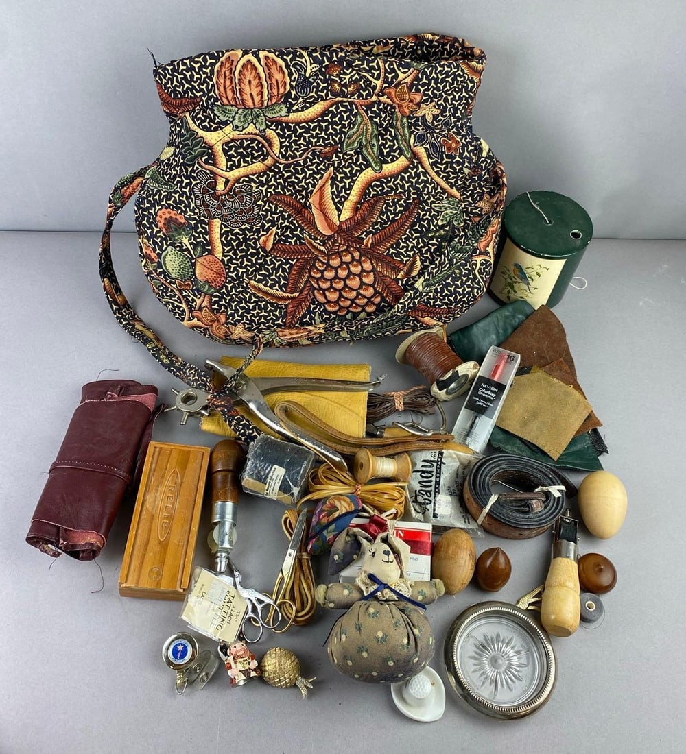 Group of Assorted Leather Sewing Supplies and More: Includes leather, yarn, and more. Largest measures 10 inches tall.