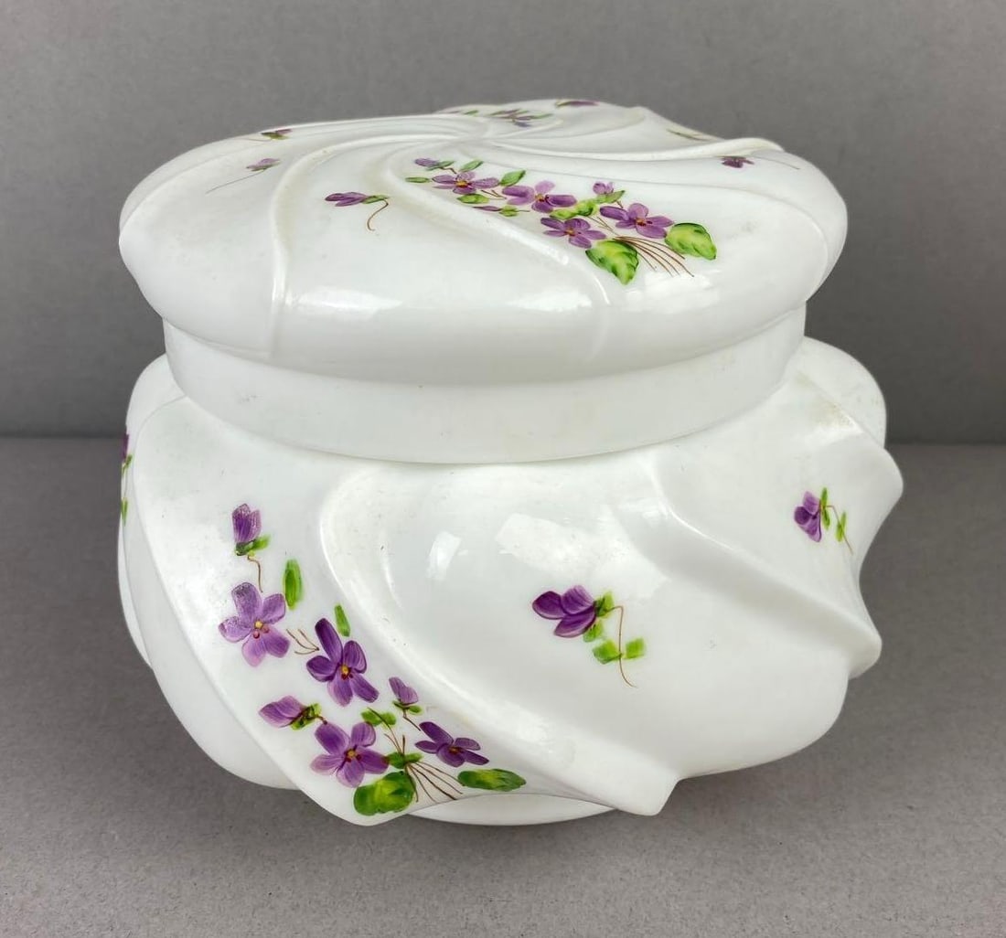 Fenton Wave Crest Violets in The Snow Candy Jar: Measure 4 1/2 in diameter.