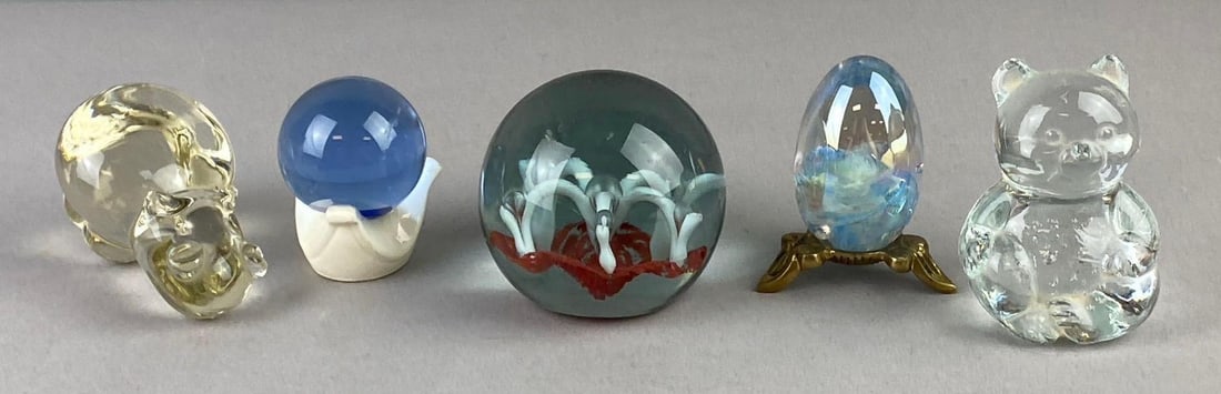 Group of Assorted Glass Art Paperweights: Largest measures 3 inches in length.