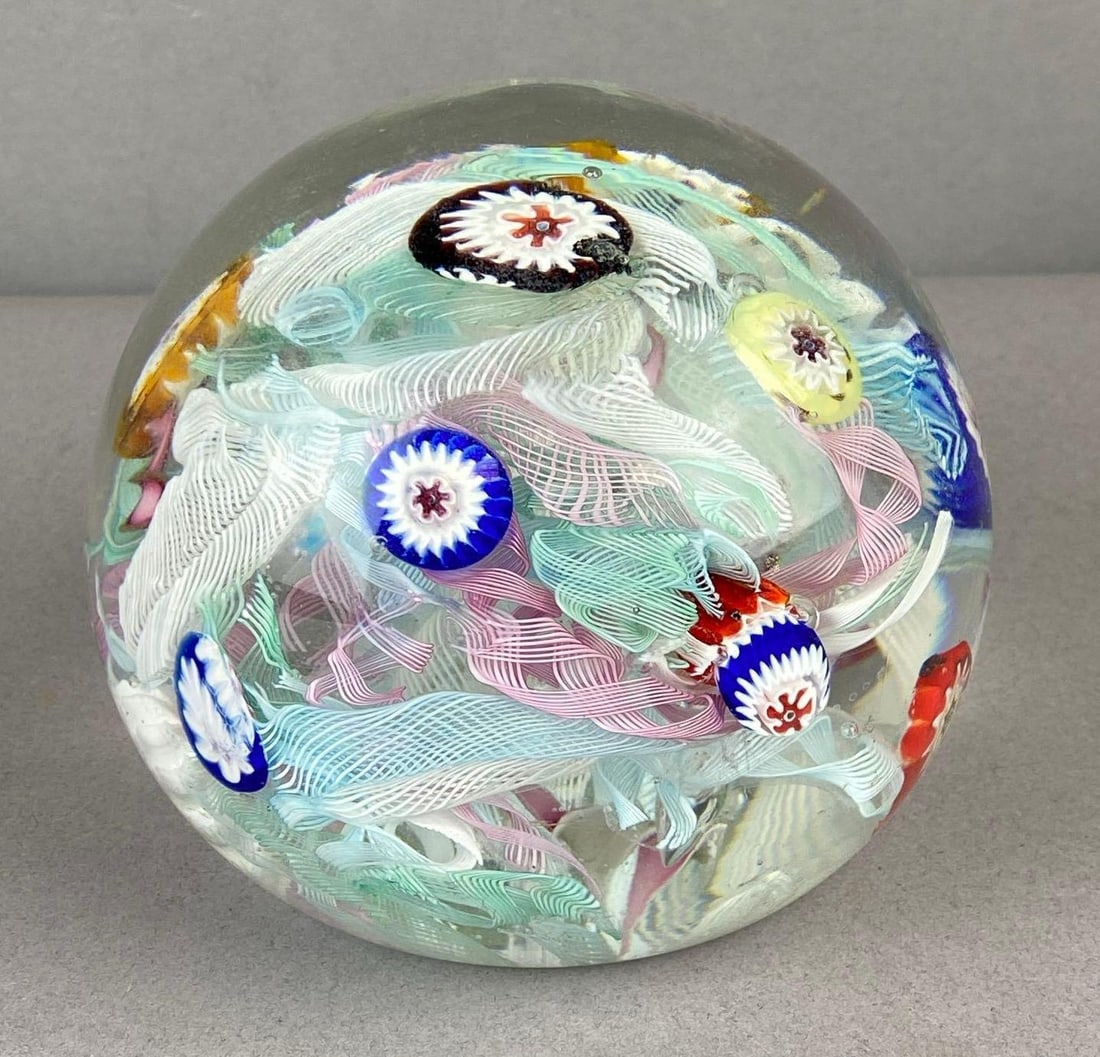 Vintage Murano Glass Millefiori Paperweight: Measures 4 inches in diameter.