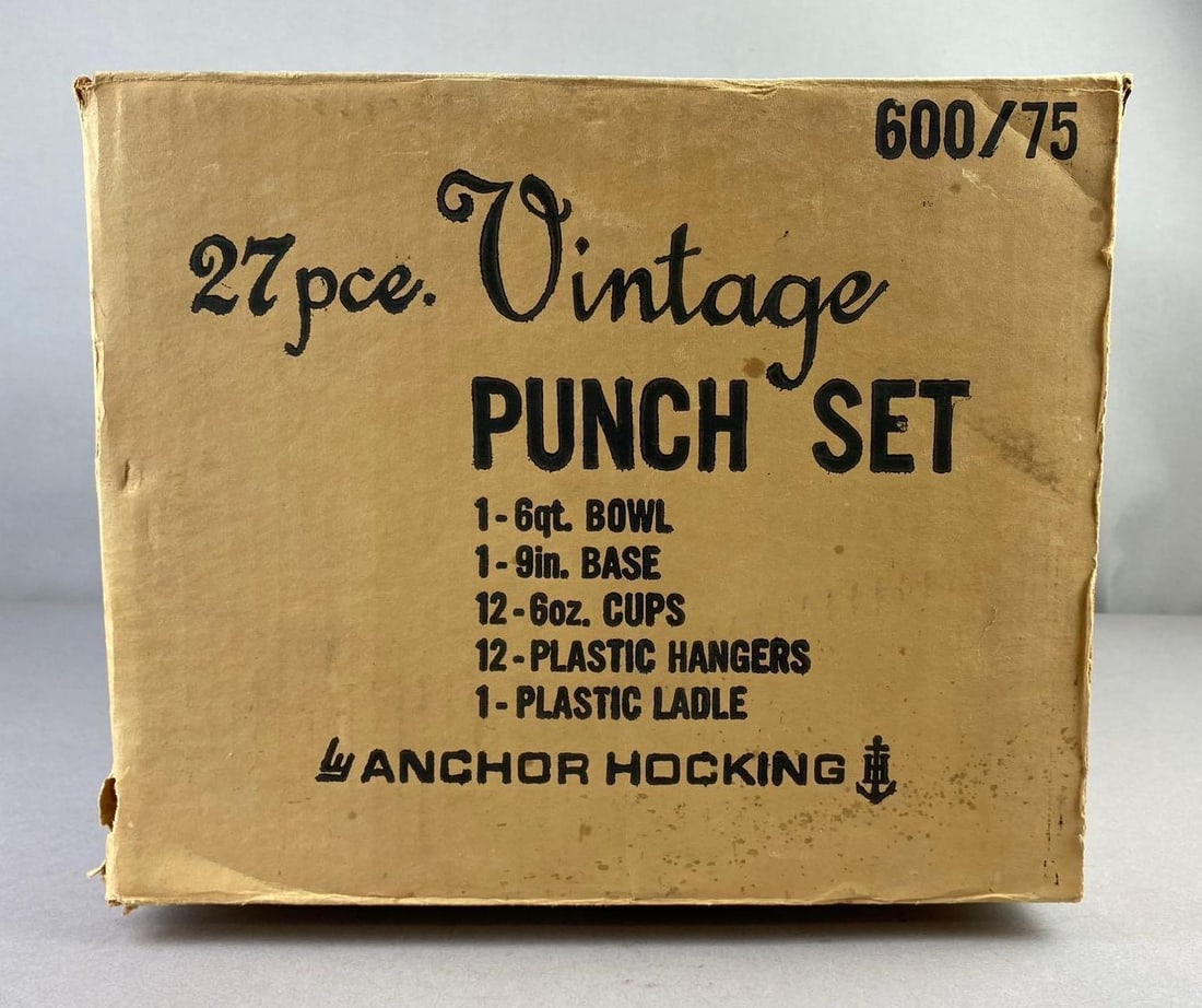 Vintage 1960s Anchor Hocking 27 Piece Glass Bowl Punch Set: Like new in original packaging. Packaging has damage throughout. Measure H 10 1/2 x W 13 x L 13 inches.