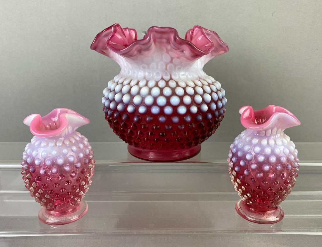 Group of 3 Vintage Cranberry Hobnail Glassware (1 of 2)