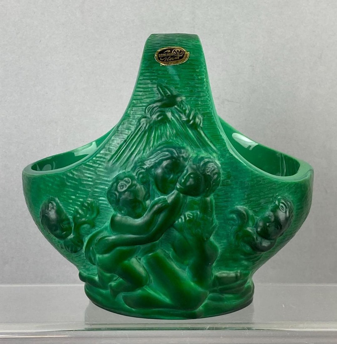 Vintage 1980s Art Deco Czech Malachite Basket: Schlevogt Ingrid Bohemian. Measures 5 inches tall.