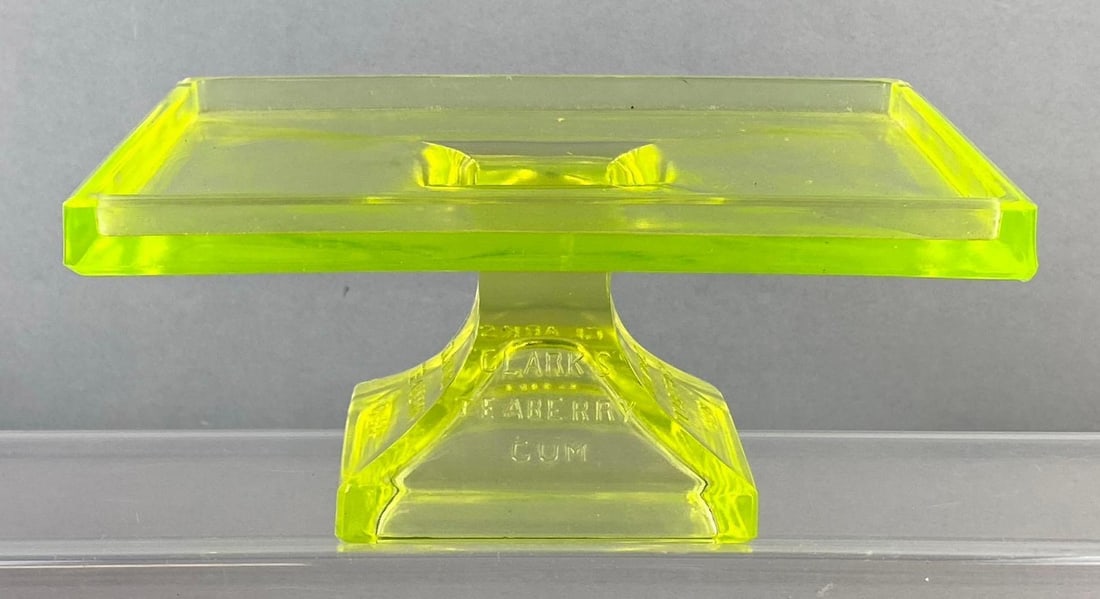 Antique Clarks Teaberry Gum Uranium Glass Display Stand: Measure H 3 x W 5 x L 7 inches.