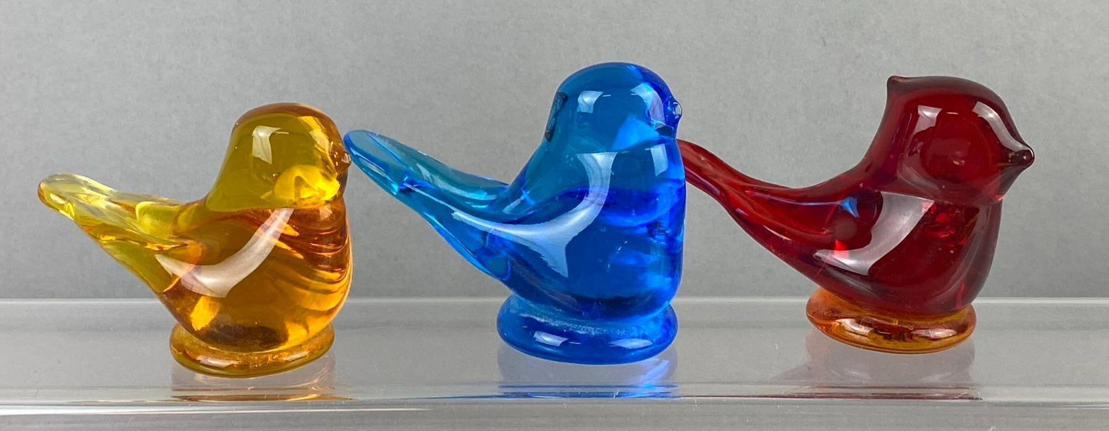 Group of 3 Bluebirds Of Happiness Handblown Glass Figurines: One measure 3 inches tall.