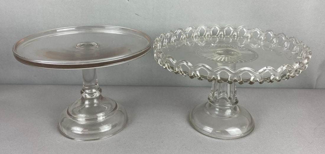 Group of 2 Vintage Pedestal Stands: Largest measures H 6 1/2 x W 9 1/2 inches.