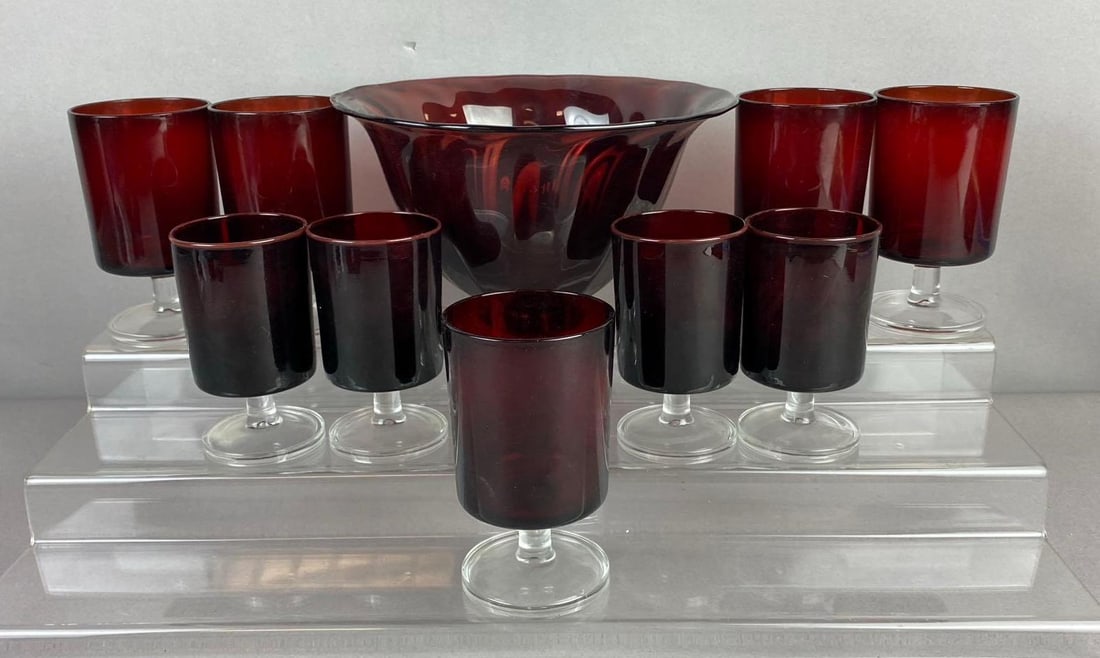 Group Of Assorted Vintage Mid Century Ruby Red Glassware: Includes Bowl and Glasses.bowl measures 8 inches in diameter. Stand not included.