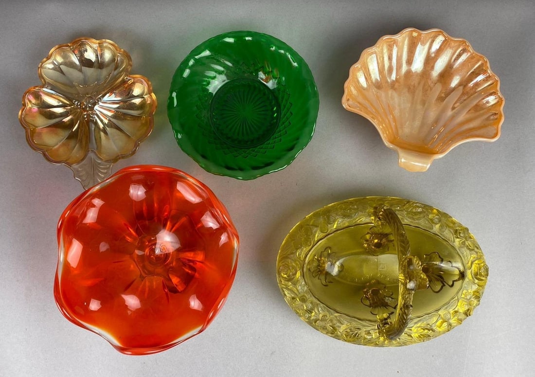Group of Assorted Antique Carnival Glass and More: Includes red, yellow, and tan bowls. Large measures 17 inches in diameter.