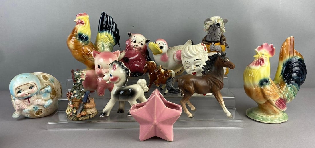Group of Assorted Porcelain Farm Animals and More: Chips and cracks throughout. Largest measure 8 inches. Stand not included.