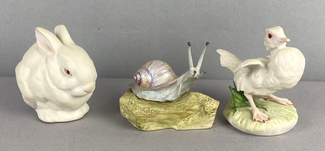 Group of 3 1960s Cybis Porcelain Figures: Includes Snail, duck, and rabbit. Largest measures 3 inches in length.