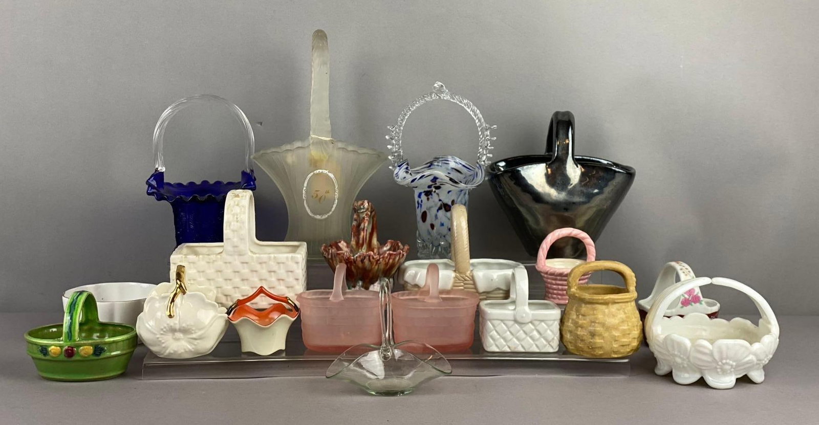 Group of Assorted Glassware Vases and More: Largest measures 8 inches in length. Stand not included.