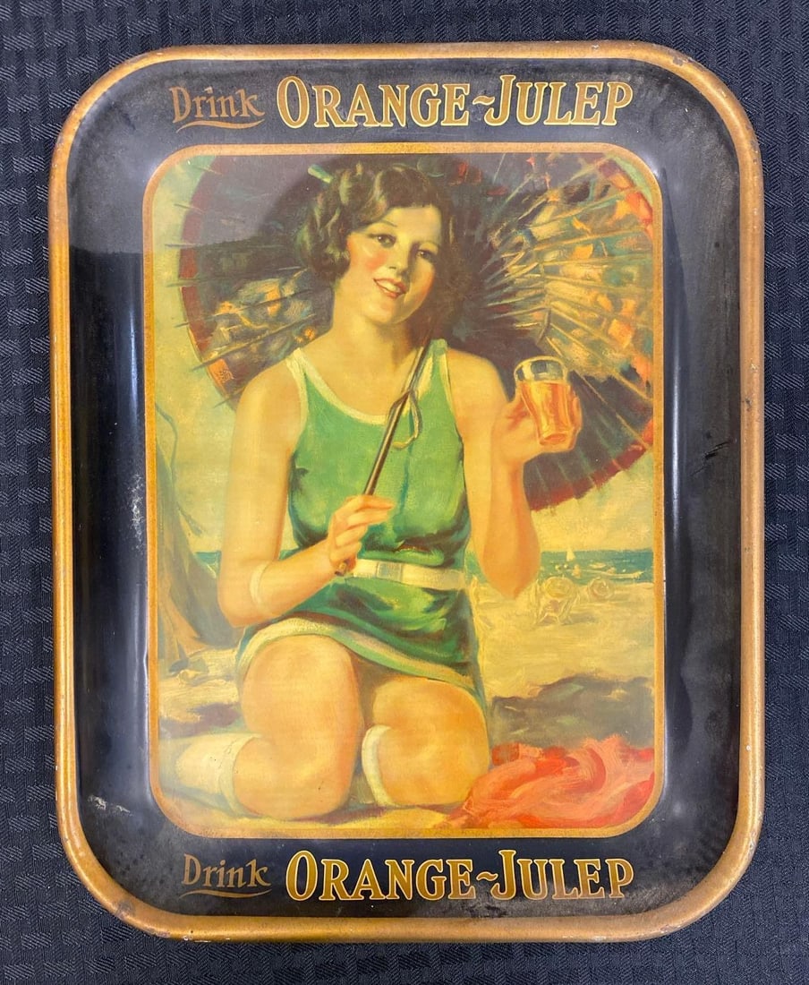 Vintage Orange Julep Advertising Serving Tray: Measure L 13 1/4 x W 10 1/2 inches. Circa 1920s.