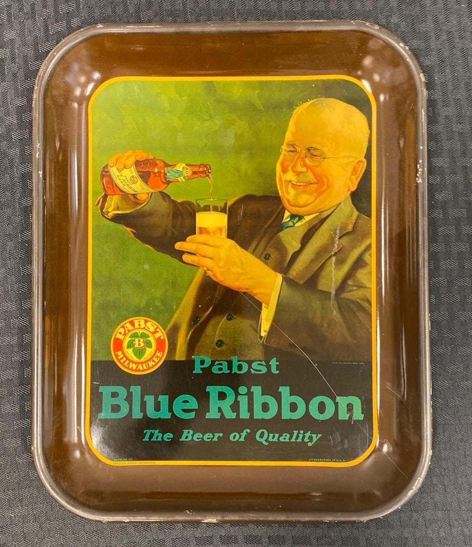 Vintage 1930s Pabst Blue Ribbon Beer Advertising Serving Tray: Measure L 13 x W 10 inches.