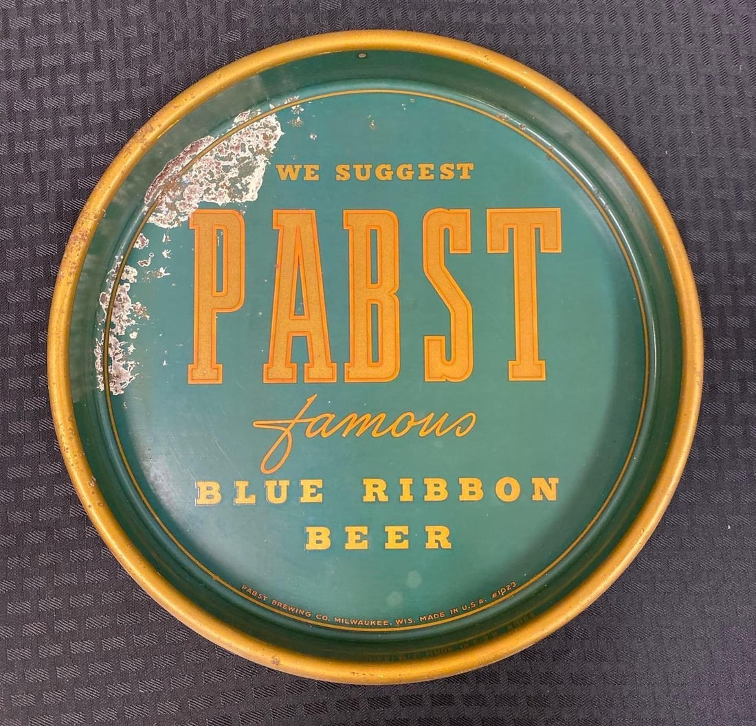Vintage 1930s Pabst Blue Ribbon Beer Advertising Serving Tray: Measure 13 inches in diameter. Has rust spots