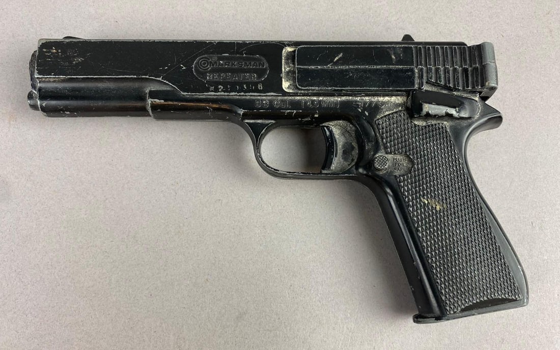 Vintage 1970s Marksman Repeater Spring Powered .177 Cal Pistol: Untested. Measured L 8 1/2 x W 5 inches.