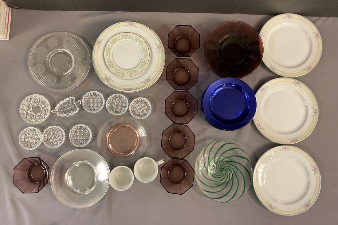 Group of Assorted Glassware: Includes Meito fine China, Candy dishes, and more. Largest measures 10 inches in diameter.