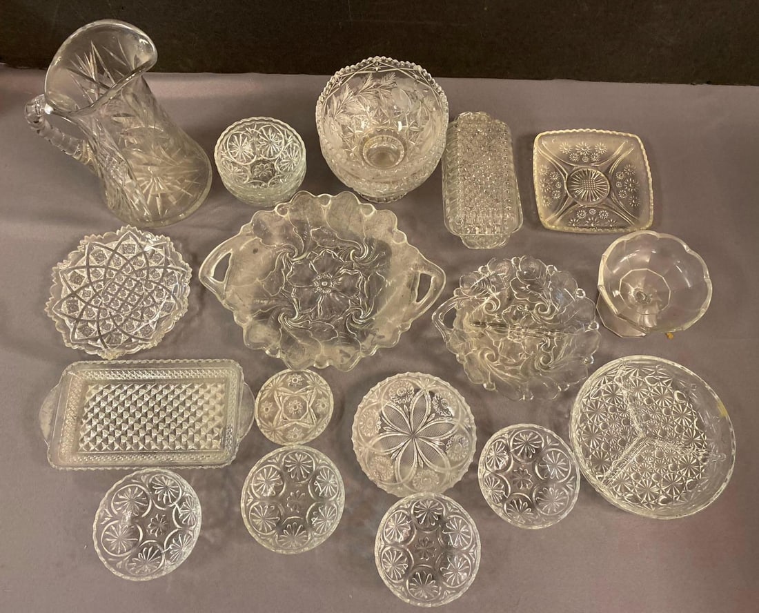 Group of Assorted Cut Glassware and More: Includes press glass and more. Largest measures 10 inches in diameter. No in house Shipping. Third party recommended.
