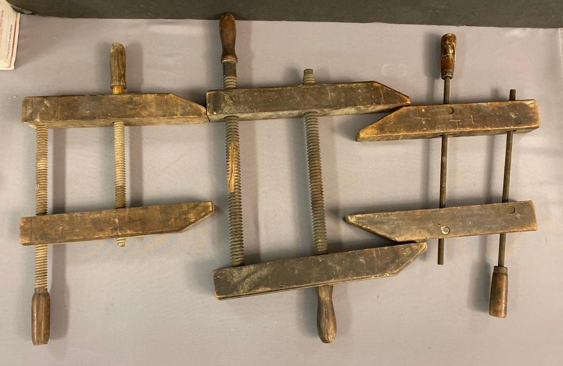 Group of 3 Antique Woodworking Clamps: One has damaged on threads. Largest measures L 27 x W 25 inches.
