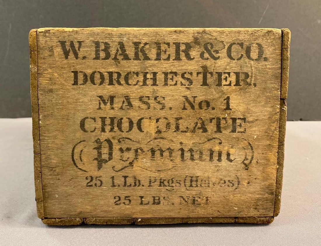 Antique Walter Baker and Co Chocolate Shipping Crate: Circa 1900s. Measures H 7 x W 8 1/2 x L 18 inches.