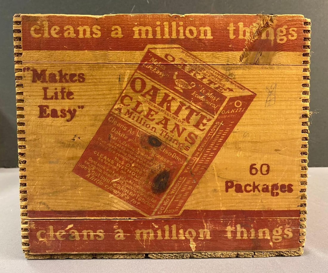 Vintage Oakite Powder Shipping Crate: Measures H 10 x W 12 x L 15 inches.