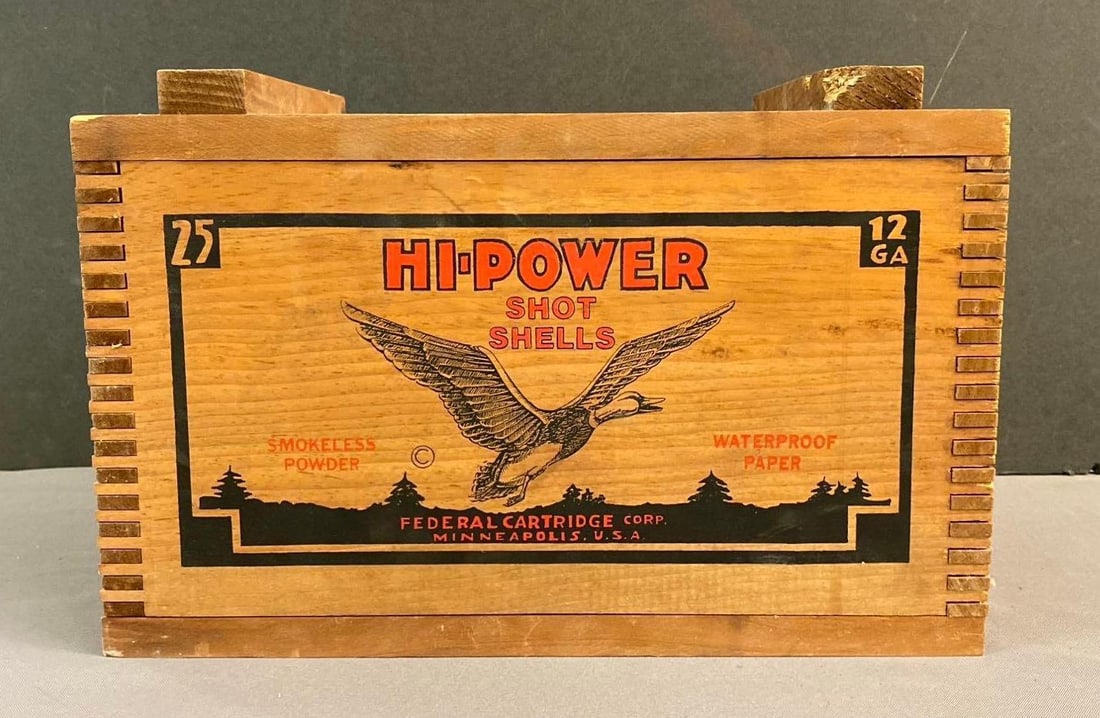 Federal 12 Ga Hi Power Shot Shell Ammo Crate: Measures H 10 x W 9 x L 16 inches.