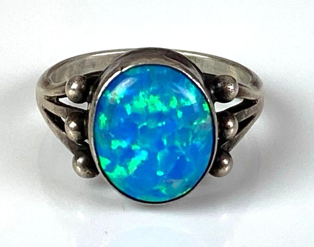 Sterling Silver Blue Fire Opal Ring: Size 6 1/2