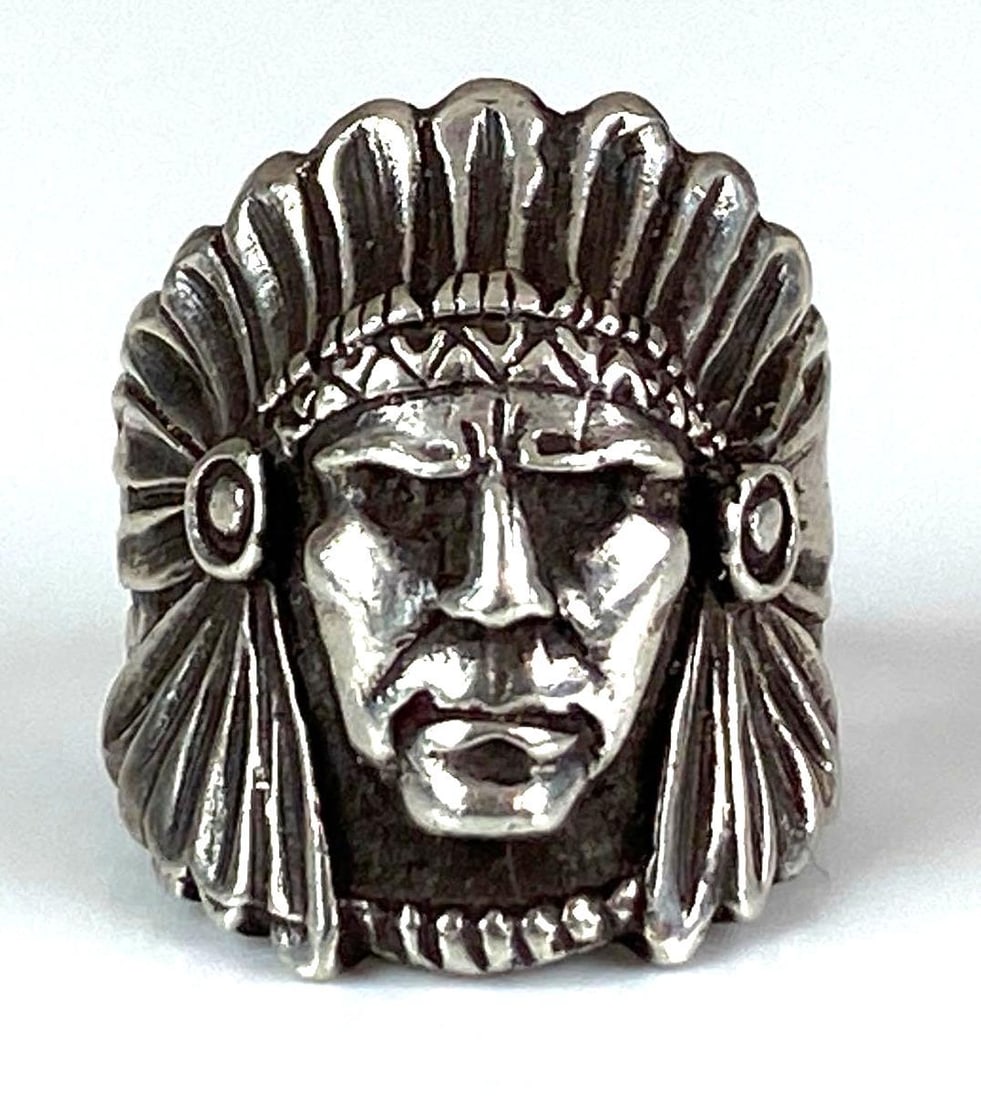 Sterling Silver Native American Chief Head Ring: Size 8