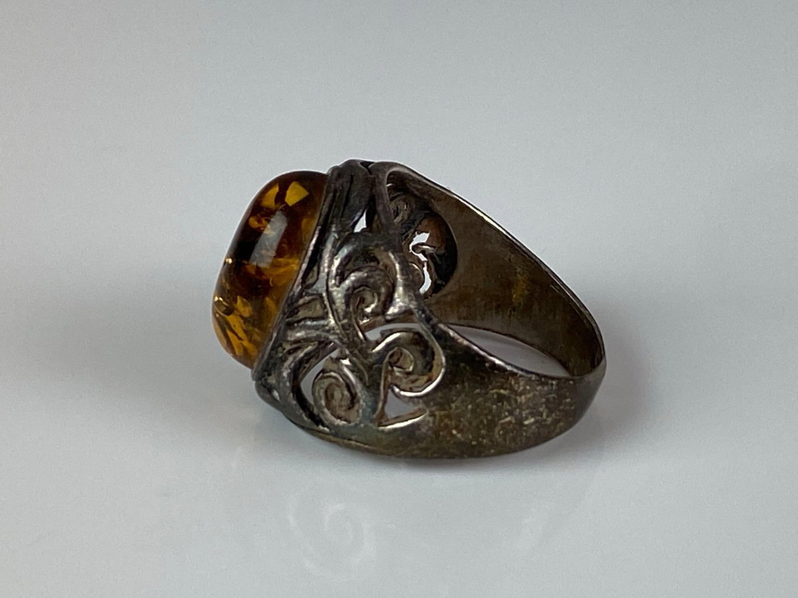 Steeling Silver Openwork Amber Ring - 2