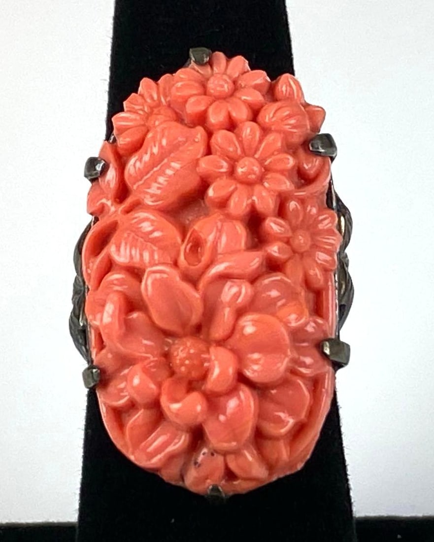 Sterling Silver Floral Motif Carved Coral Ring: Size 5 1/2
