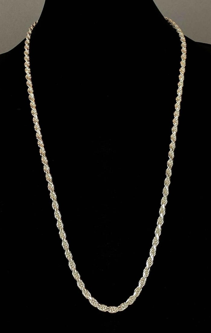 AGI Signed Italian Sterling Silver Rope Chain Necklace: Total weight of 56.3 grams, measures 30 inches in length