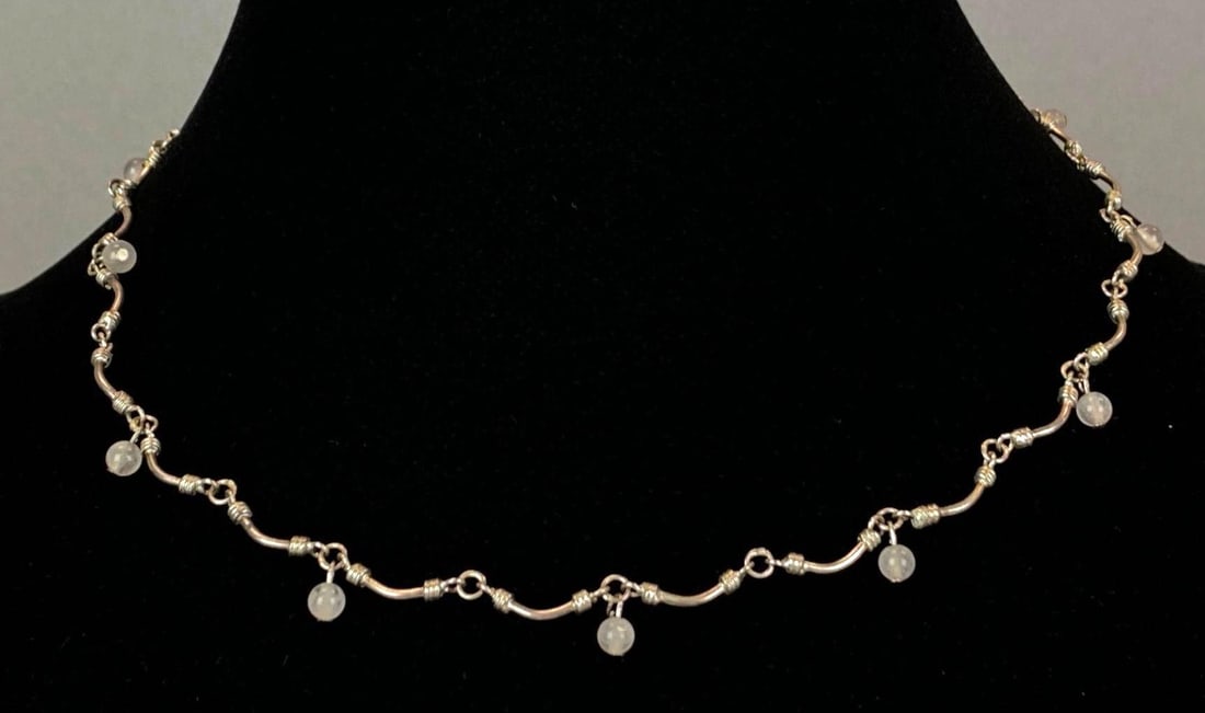 Sterling Silver Wavy Link Bead Necklace: Measures 16 inches in length