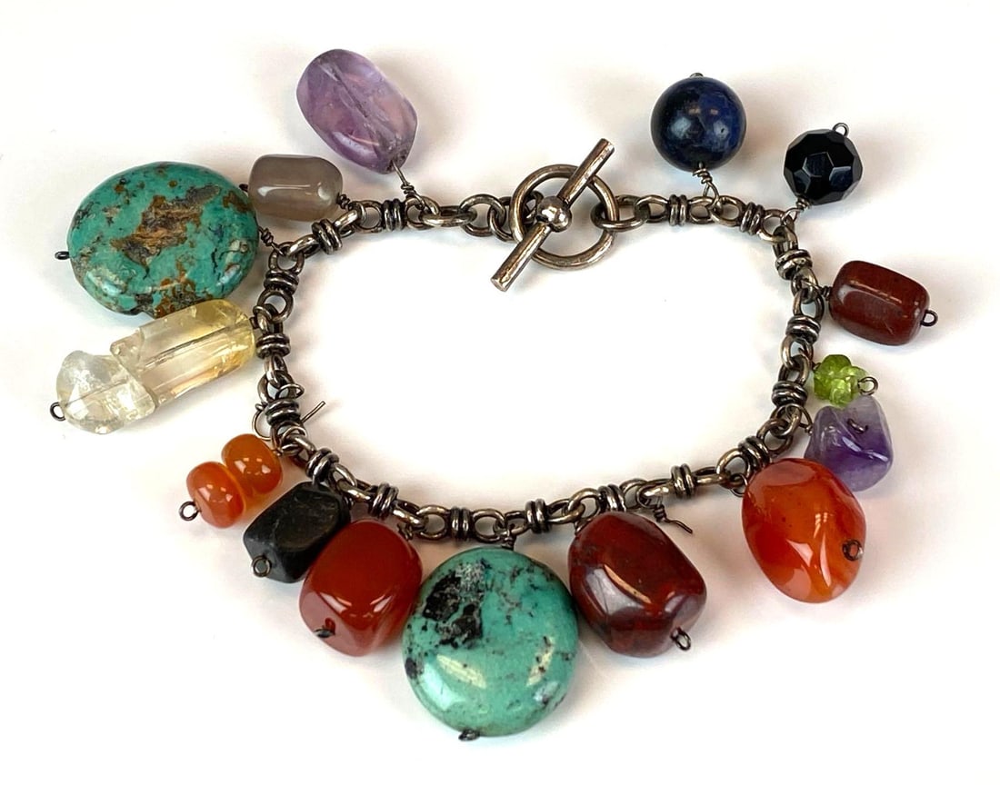Sterling Silver Multi-Stone Slip Chain Charm Bracelet: features turquoise, rhinestone, amethyst and more, measures 7 1/2 inches in length