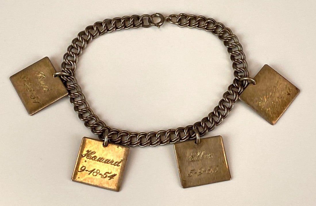 Leonore Doskow Signed Sterling Silver Chain Memorial Charm Bracelet: Measures 7 1/2 inches in length