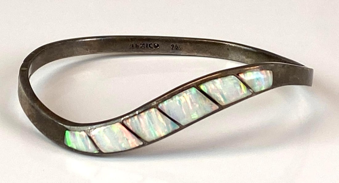 Mexican Sterling Silver Opal Cuff Bracelet: measures 2 inches H x 2 1/2 inches W