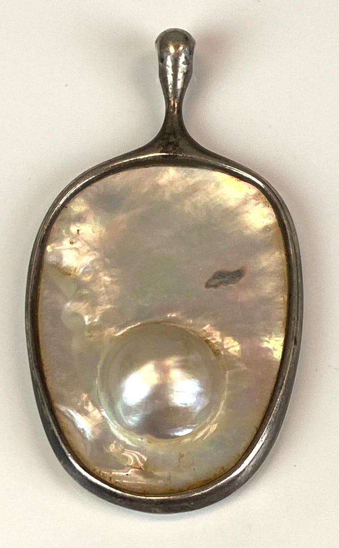 S/SA Signed Sterling Silver Mother of Pearl Pendant: Measures 3 inches H x 1 1/2 inches W