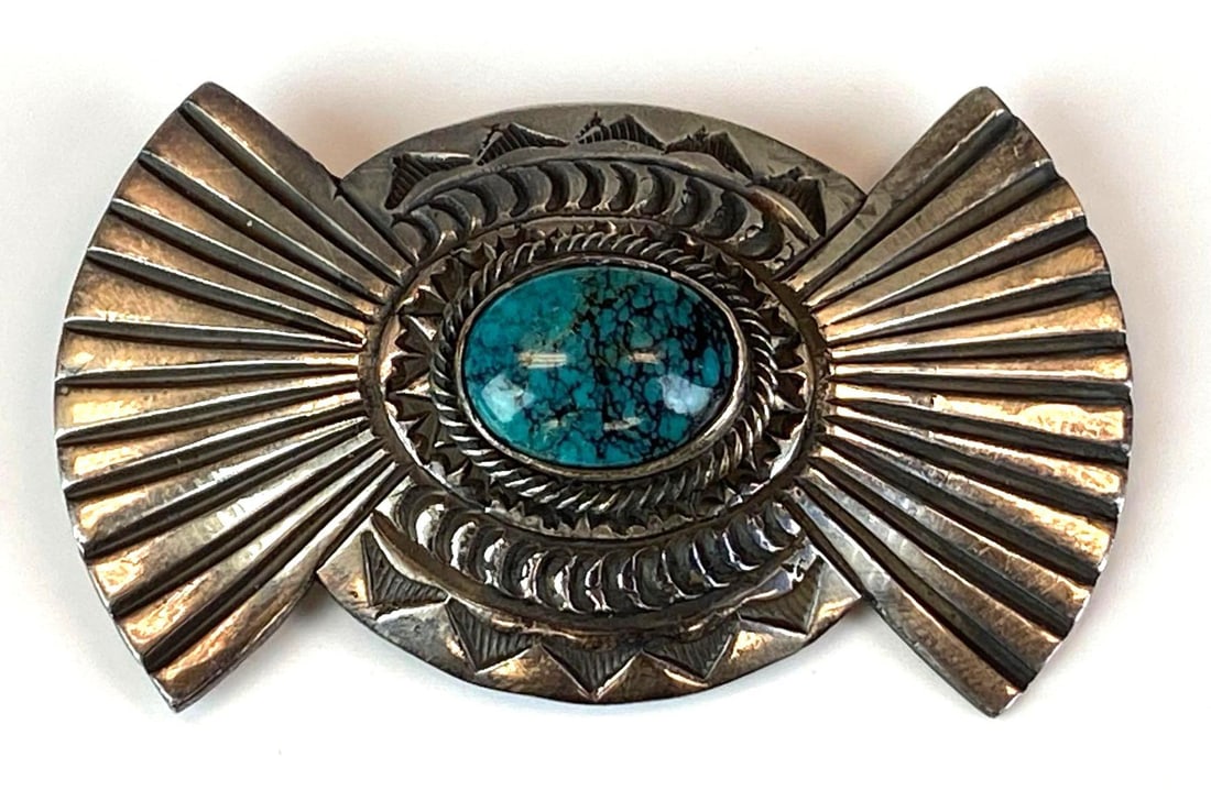 WS Signed Steeling Silver Native American Turquoise Brooch: measures 1 1/2 inches H x 2 1/2 inches W