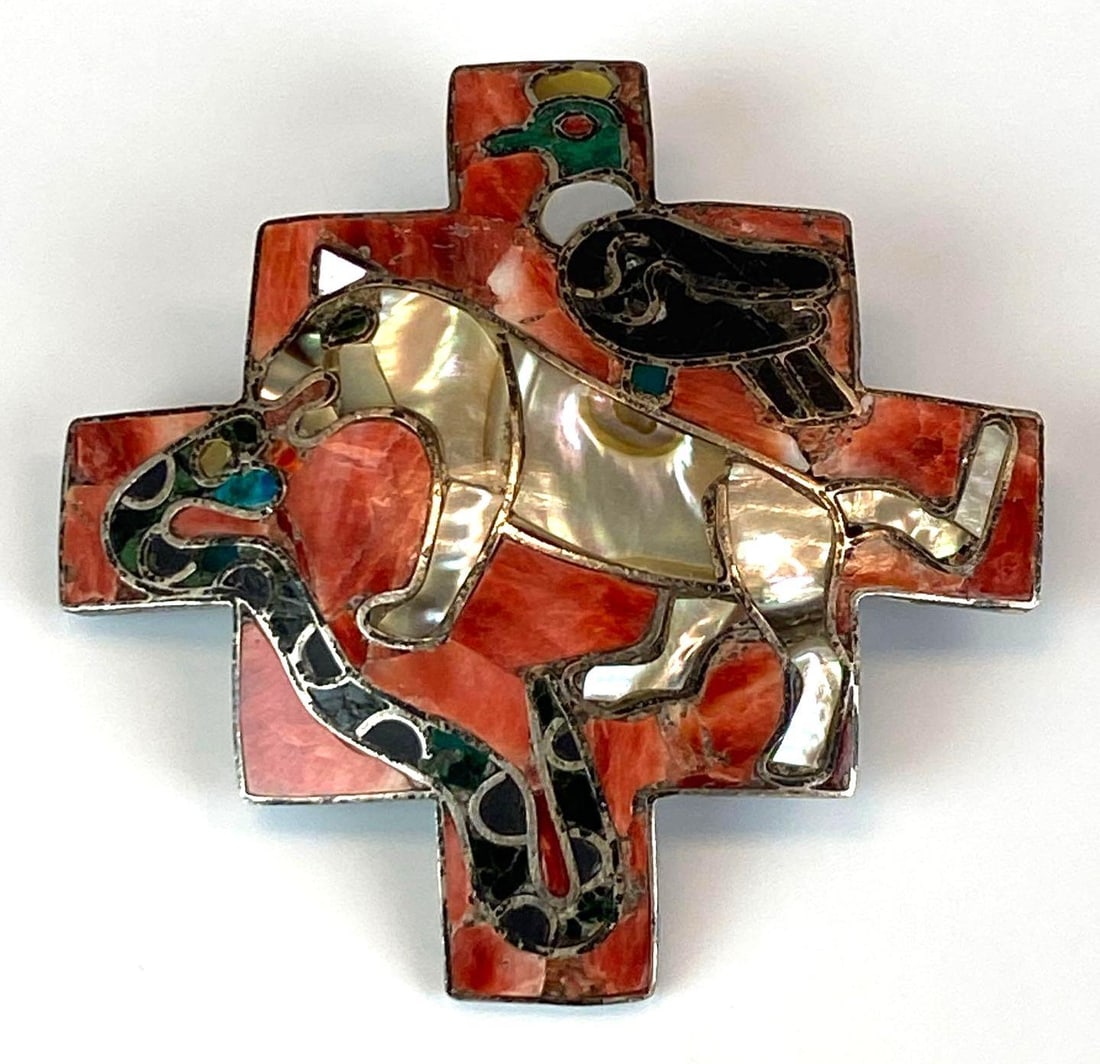 Ultra Fine Silver Chakana Animal Motif Multi-Stone Brooch/Pendant: Measures 2 inches H x 2 inches W
