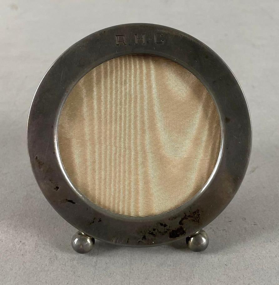 Vintage Sterling Silver Round Picture Frame: Engraved RHC, strap for easel broken, measures 3 3/4 inches x 3 1/2 inches